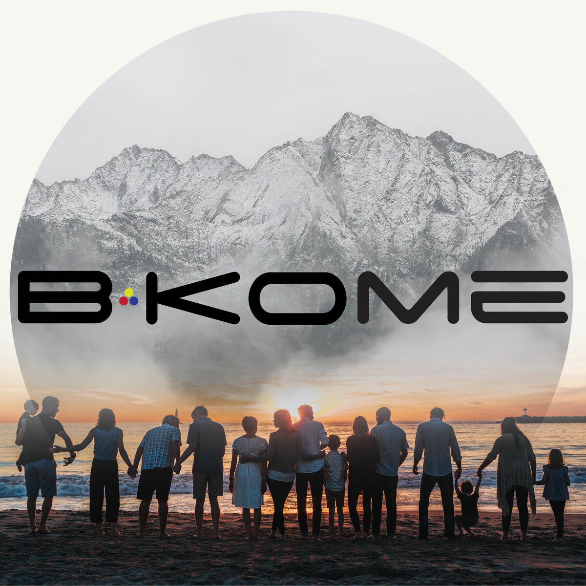 BKOME logo mixed with a photo showing many people together at the beach looking at the sunrise.